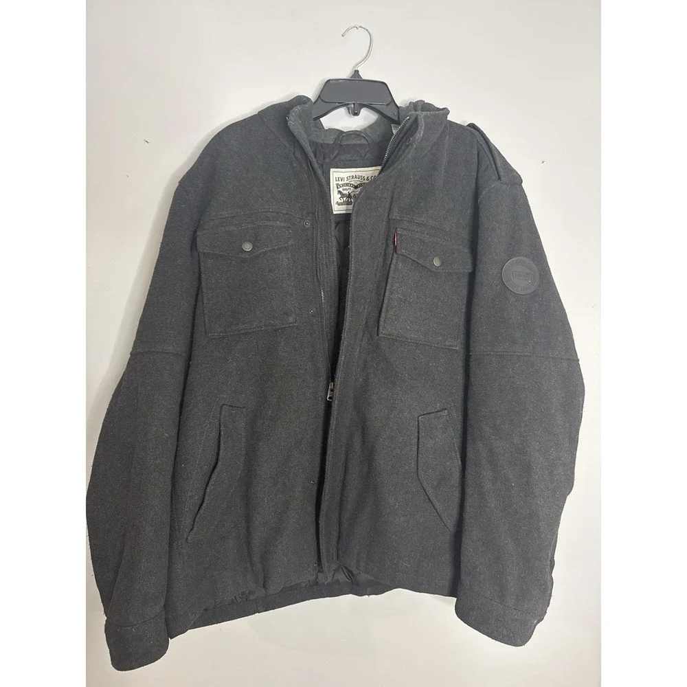 Levi Strauss Wool Blend Jacket‎ Mens Gray Hooded Full Zip Button Quilted Lined